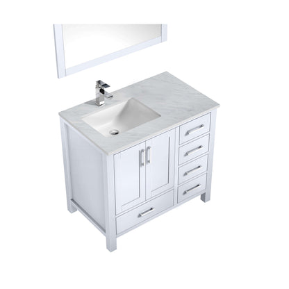 Jacques 36" White Single Vanity, White Carrara Marble Top, White Square Sink and 34" Mirror w/ Faucet - Left Version - LJ342236SADSM34FL