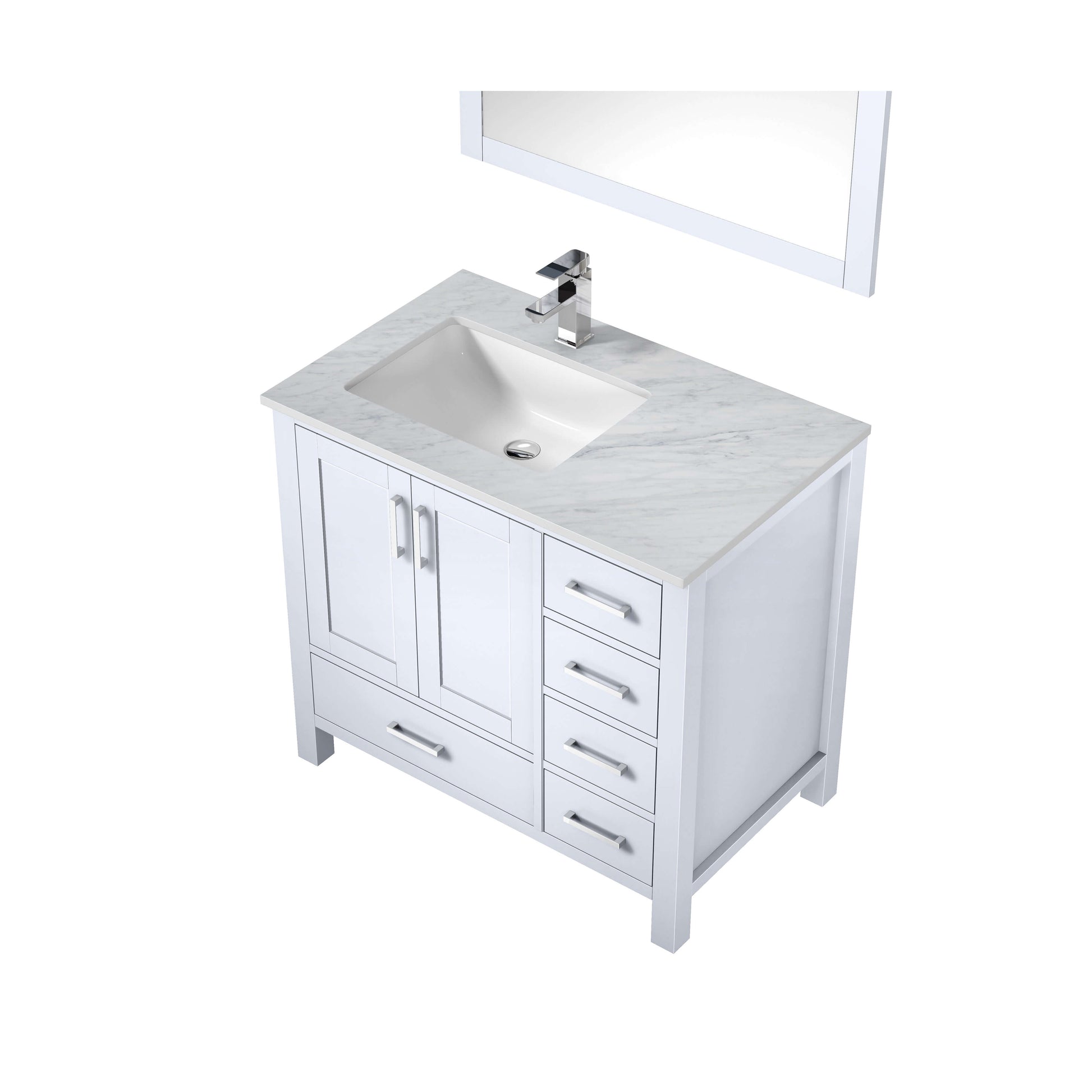 Jacques 36" White Single Vanity, White Carrara Marble Top, White Square Sink and 34" Mirror w/ Faucet - Left Version - LJ342236SADSM34FL