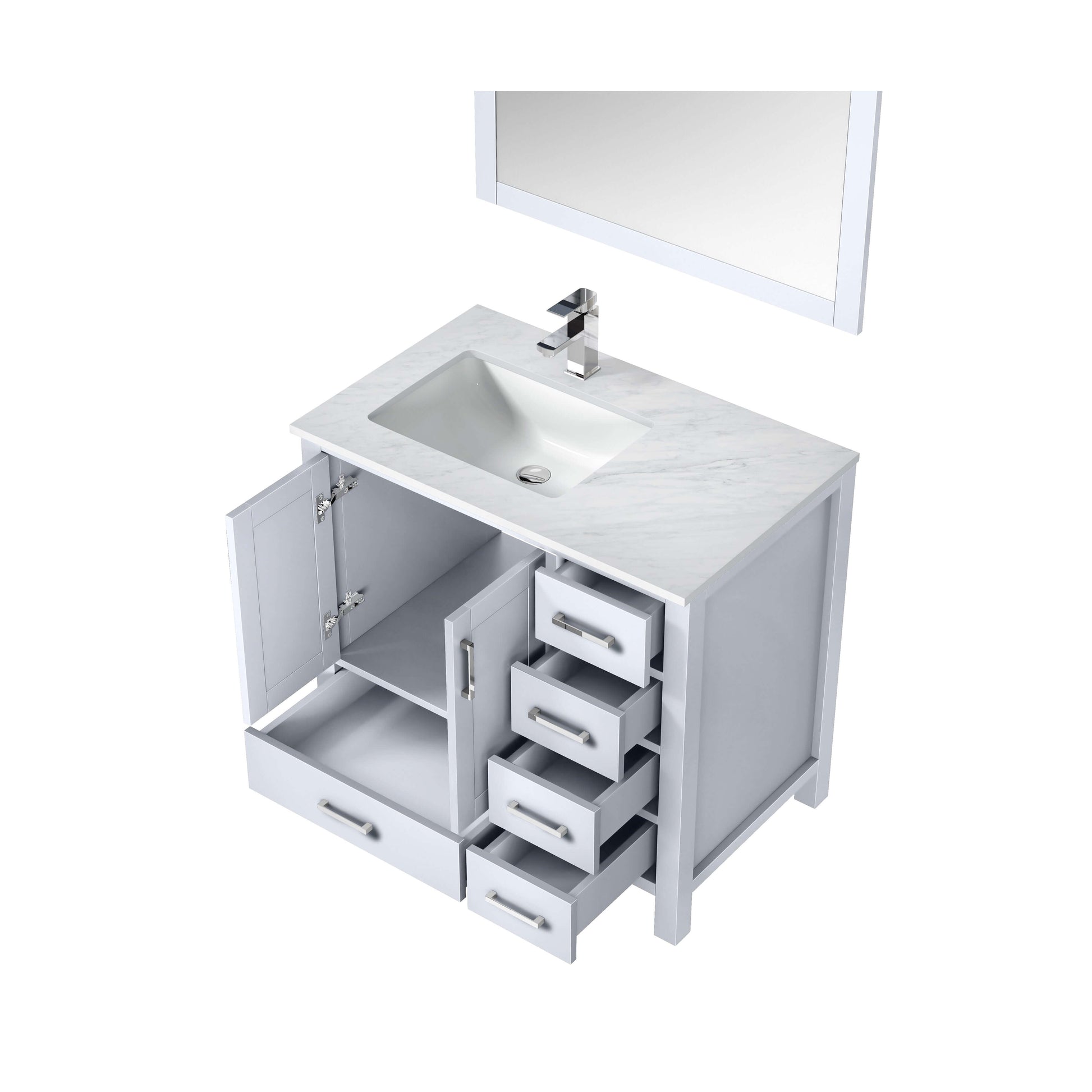 Jacques 36" White Single Vanity, White Carrara Marble Top, White Square Sink and 34" Mirror w/ Faucet - Left Version - LJ342236SADSM34FL