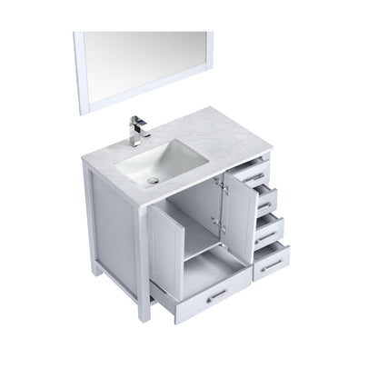 Jacques 36" White Single Vanity, White Carrara Marble Top, White Square Sink and 34" Mirror w/ Faucet - Left Version - LJ342236SADSM34FL