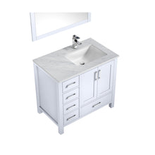 Load image into Gallery viewer, Jacques 36&quot; White Single Vanity, White Carrara Marble Top, White Square Sink and 34&quot; Mirror w/ Faucet - Right Version - LJ342236SADSM34FR