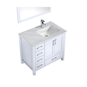 Jacques 36" White Single Vanity, White Carrara Marble Top, White Square Sink and 34" Mirror w/ Faucet - Right Version - LJ342236SADSM34FR