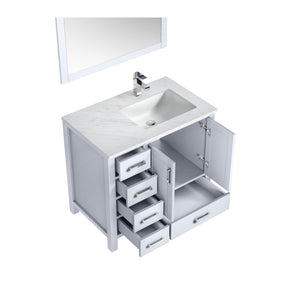 Jacques 36" White Single Vanity, White Carrara Marble Top, White Square Sink and 34" Mirror w/ Faucet - Right Version - LJ342236SADSM34FR