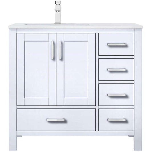 Jacques 36" White Single Vanity, White Quartz Top, White Square Sink and no Mirror - Left Version - LJ342236SAWQ000L