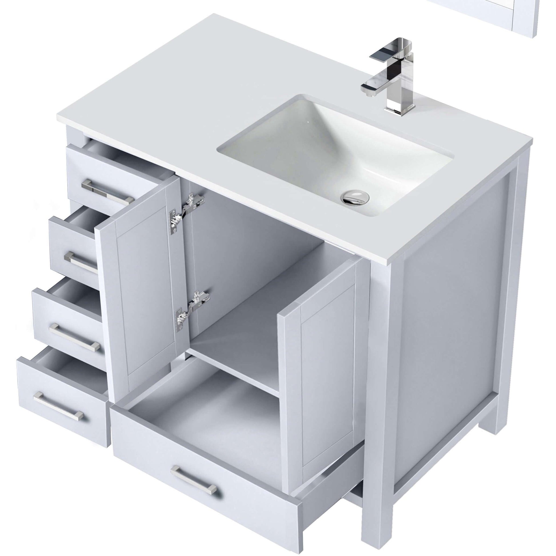 Jacques 36" White Single Vanity, White Quartz Top, White Square Sink and no Mirror - Left Version - LJ342236SAWQ000L