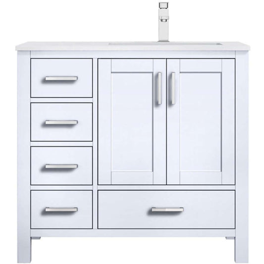 Jacques 36" White Single Vanity, Quartz Top, White Square Sink and no Mirror - Right Version - LJ342236SAWQ000R