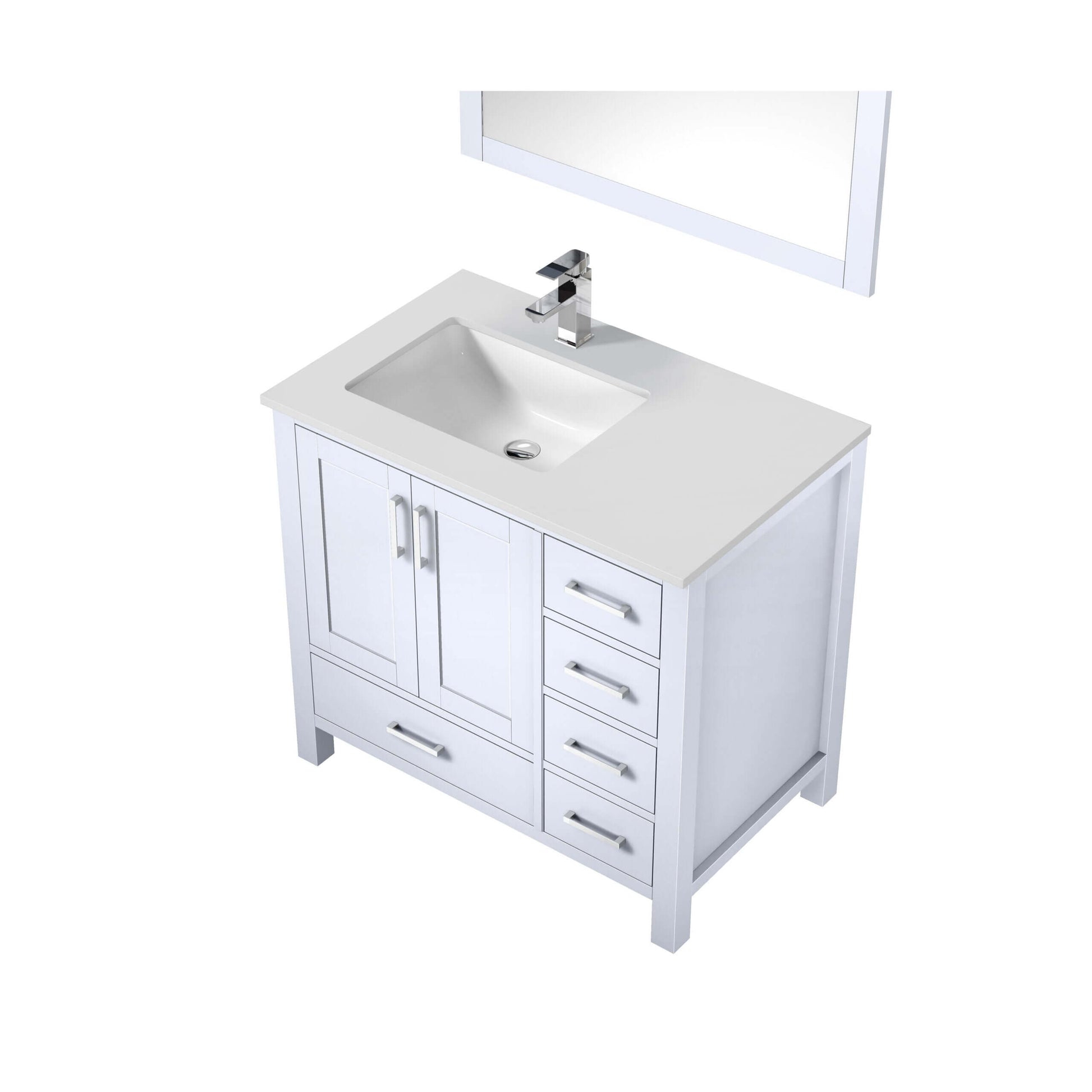 Jacques 36" White Single Vanity, White Quartz Top, White Square Sink and 34" Mirror w/ Faucet - Left Version - LJ342236SAWQM34FL