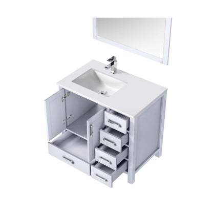 Jacques 36" White Single Vanity, White Quartz Top, White Square Sink and 34" Mirror w/ Faucet - Left Version - LJ342236SAWQM34FL