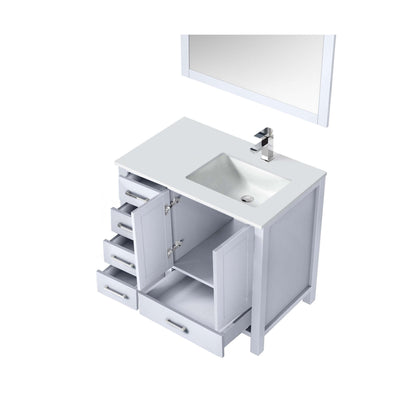 Jacques 36" White Single Vanity, White Quartz Top, White Square Sink and 34" Mirror w/ Faucet - Left Version - LJ342236SAWQM34FL