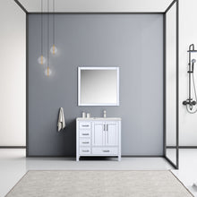 Load image into Gallery viewer, Jacques 36&quot; White Single Vanity, White Quartz Top, White Square Sink and 34&quot; Mirror - Right Version - LJ342236SAWQM34R