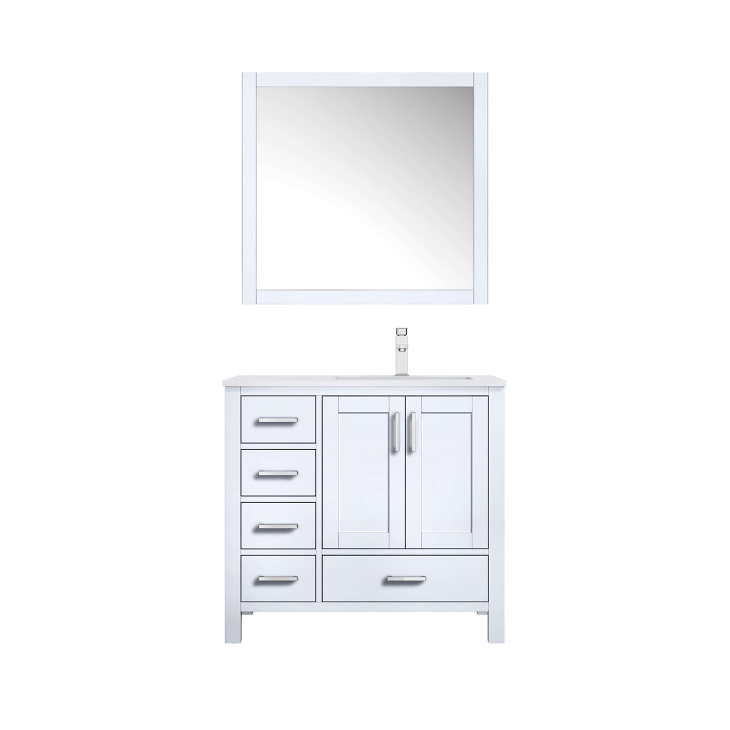 Jacques 36" White Single Vanity, White Quartz Top, White Square Sink and 34" Mirror w/ Faucet - Right Version - LJ342236SAWQM34FR