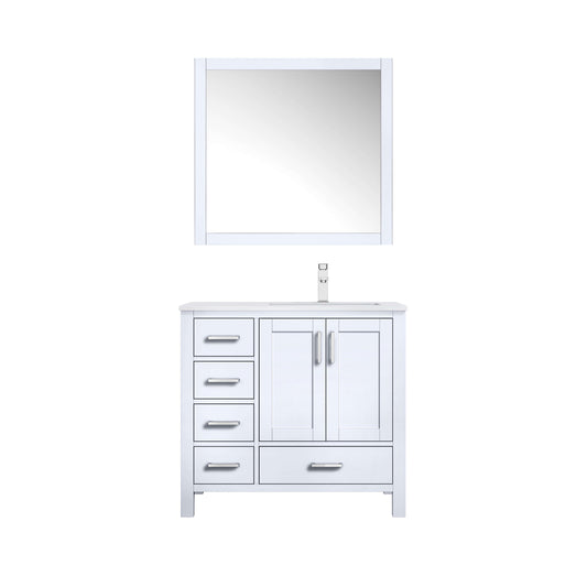 Jacques 36" White Single Vanity, White Quartz Top, White Square Sink and 34" Mirror - Right Version - LJ342236SAWQM34R