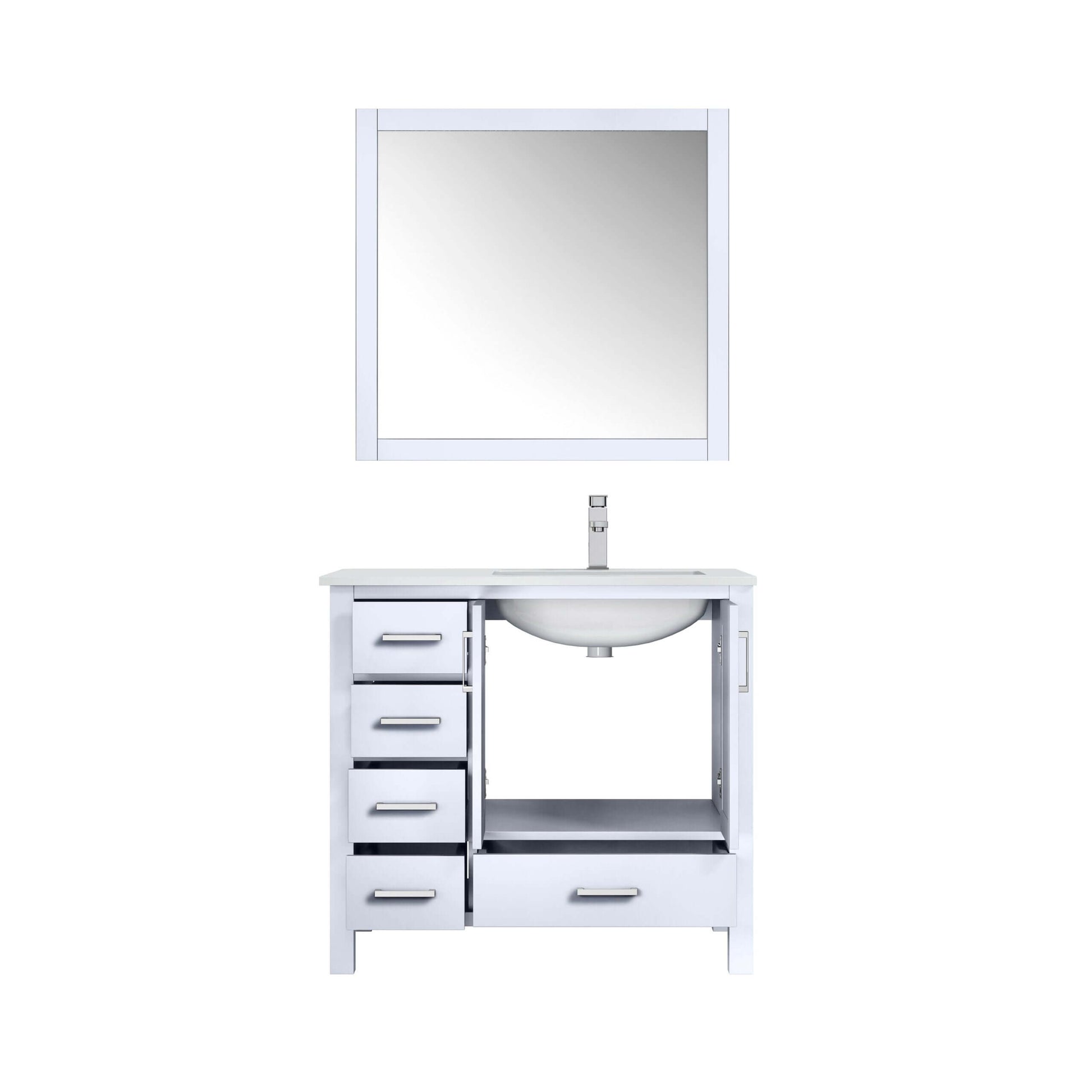 Jacques 36" White Single Vanity, White Quartz Top, White Square Sink and 34" Mirror w/ Faucet - Right Version - LJ342236SAWQM34FR