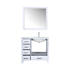 Jacques 36" White Single Vanity, White Quartz Top, White Square Sink and 34" Mirror - Right Version - LJ342236SAWQM34R