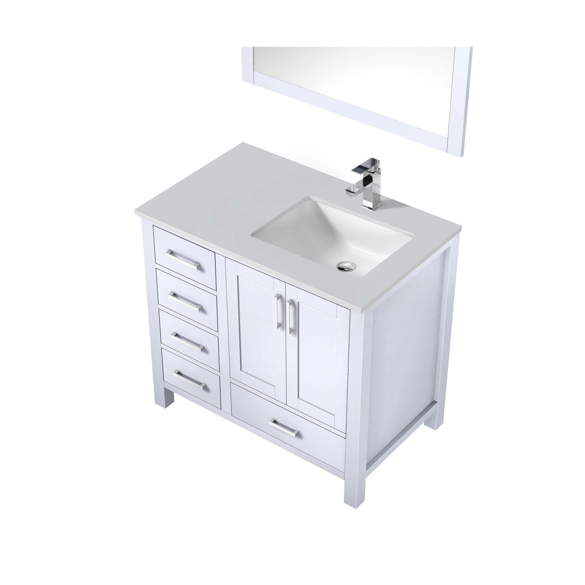 Jacques 36" White Single Vanity, White Quartz Top, White Square Sink and 34" Mirror w/ Faucet - Right Version - LJ342236SAWQM34FR