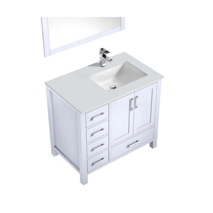 Jacques 36" White Single Vanity, White Quartz Top, White Square Sink and 34" Mirror w/ Faucet - Right Version - LJ342236SAWQM34FR