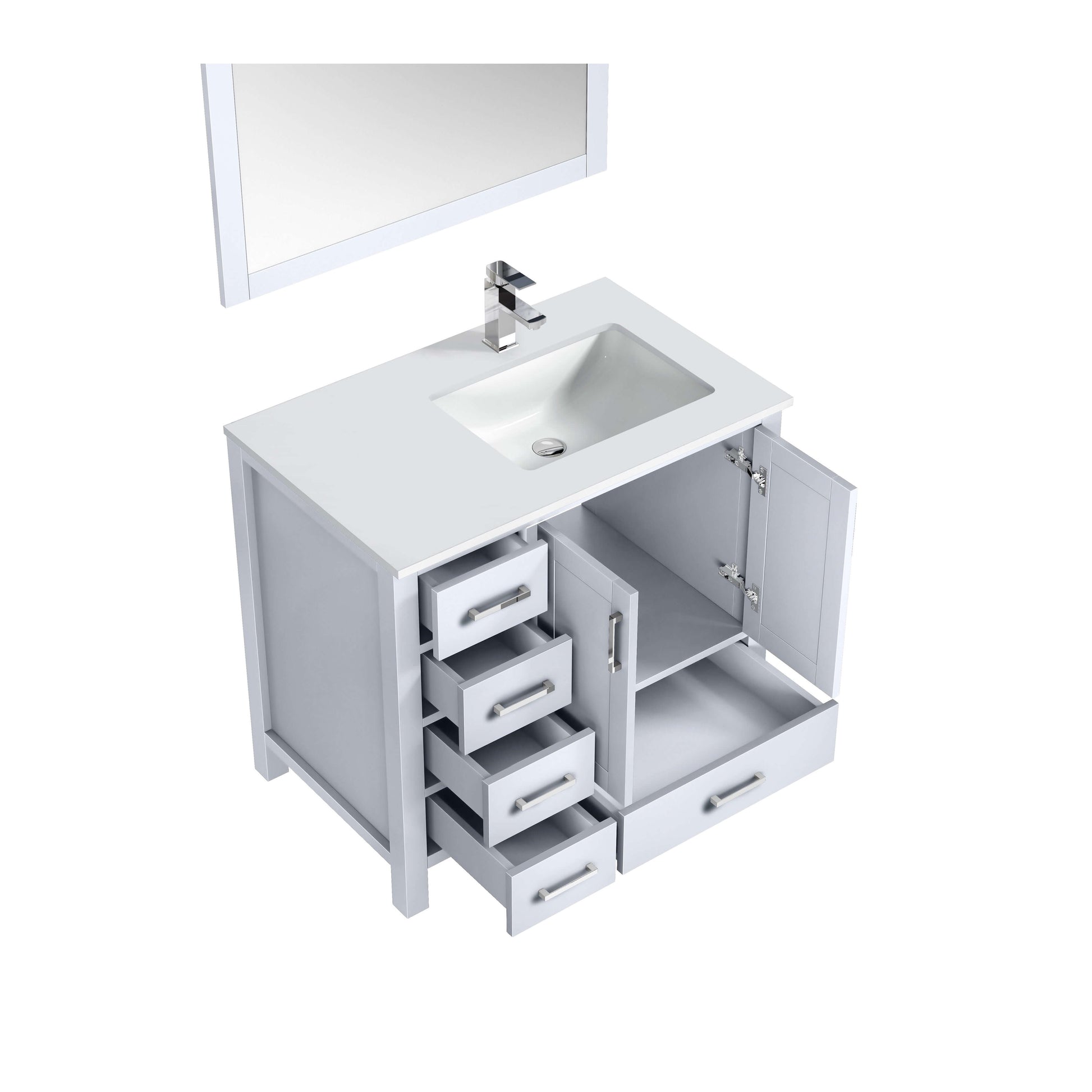 Jacques 36" White Single Vanity, White Quartz Top, White Square Sink and 34" Mirror w/ Faucet - Right Version - LJ342236SAWQM34FR