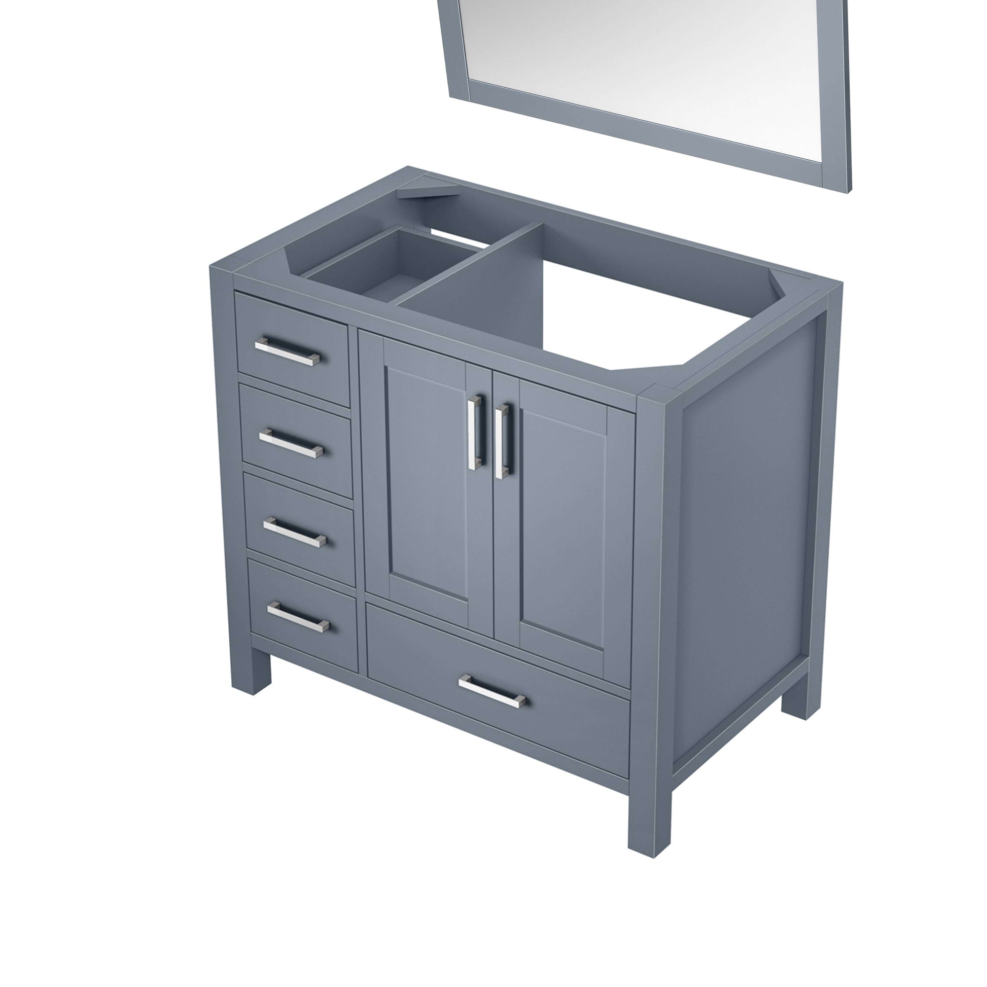 Jacques 36" Dark Grey Single Vanity, no Top and 34" Mirror - Right Version - LJ342236SB00M34R