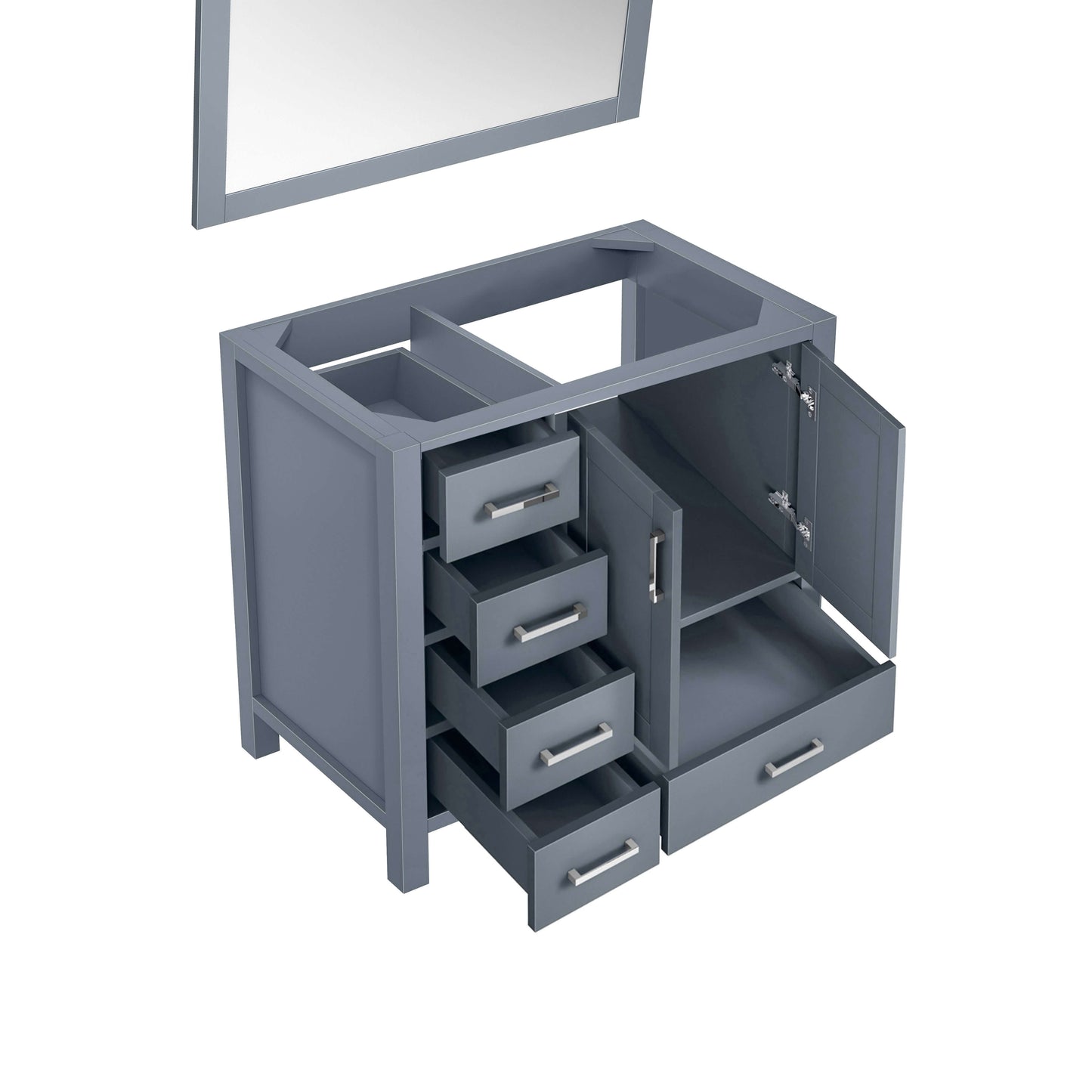 Jacques 36" Dark Grey Single Vanity, no Top and 34" Mirror - Right Version - LJ342236SB00M34R