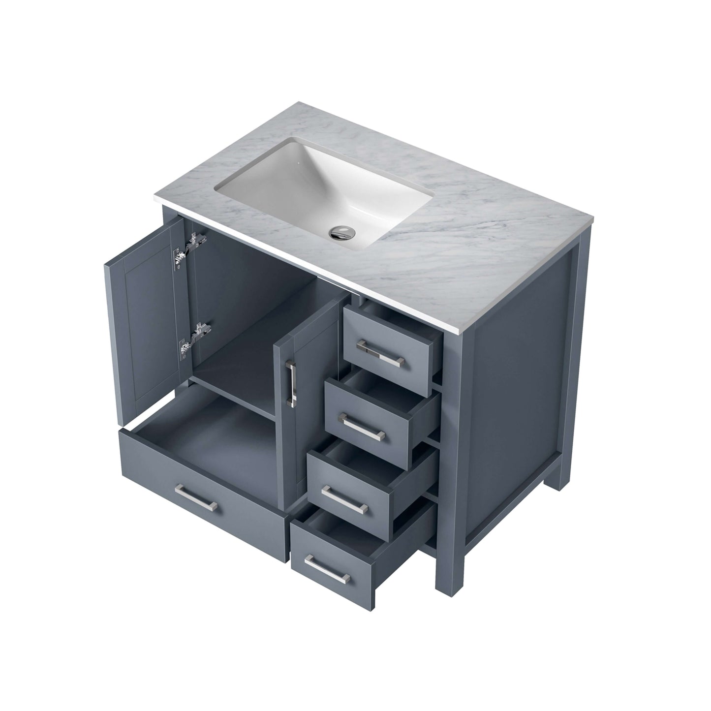 Jacques 36" Dark Grey Single Vanity, White Carrara Marble Top, White Square Sink and no Mirror - Left Version - LJ342236SBDS000L