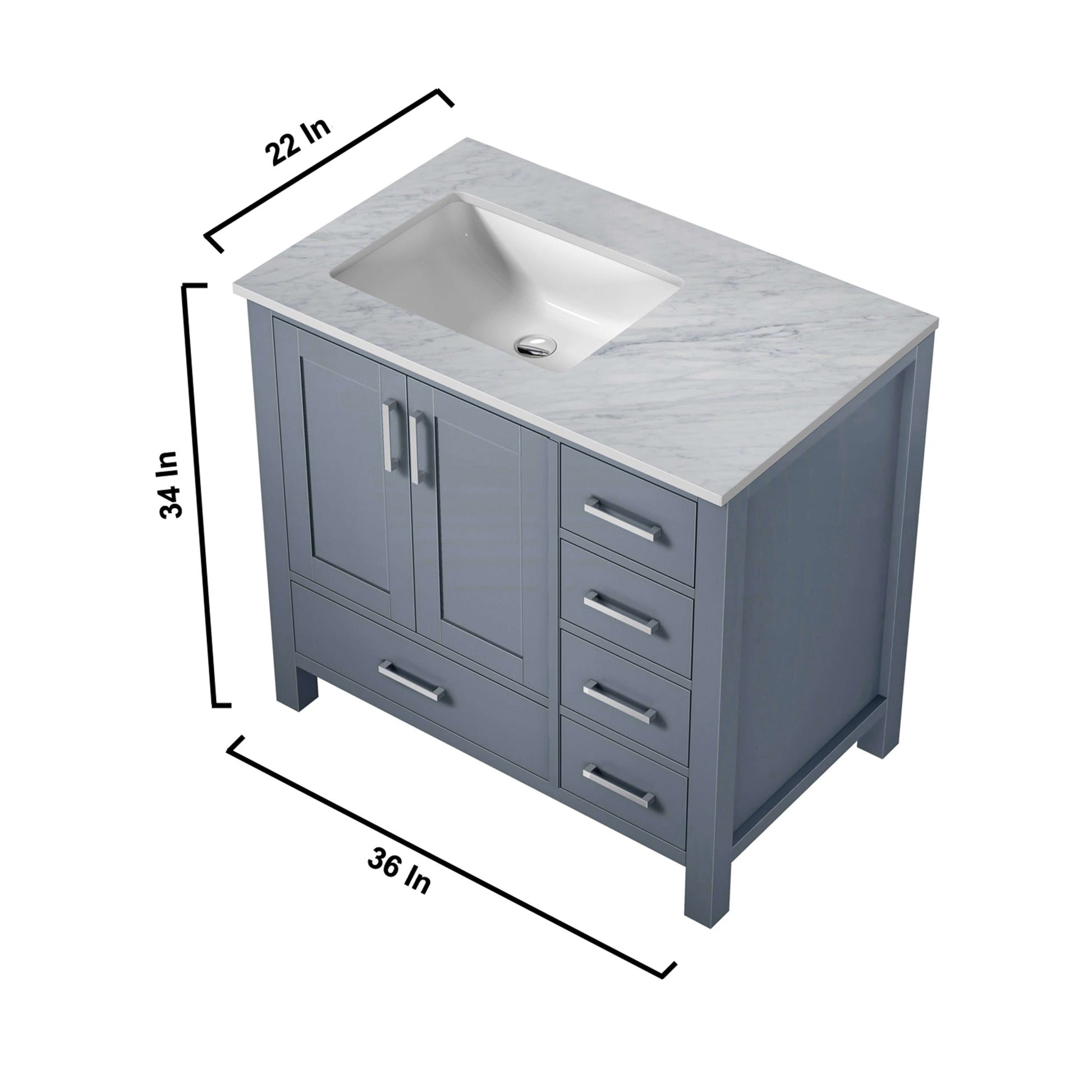 Jacques 36" Dark Grey Single Vanity, White Carrara Marble Top, White Square Sink and 34" Mirror - Left Version - LJ342236SBDSM34L