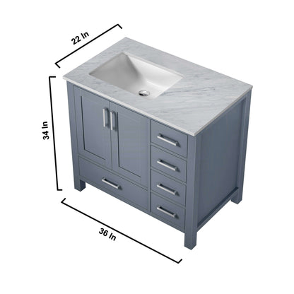 Jacques 36" Dark Grey Single Vanity, White Carrara Marble Top, White Square Sink and 34" Mirror - Left Version - LJ342236SBDSM34L