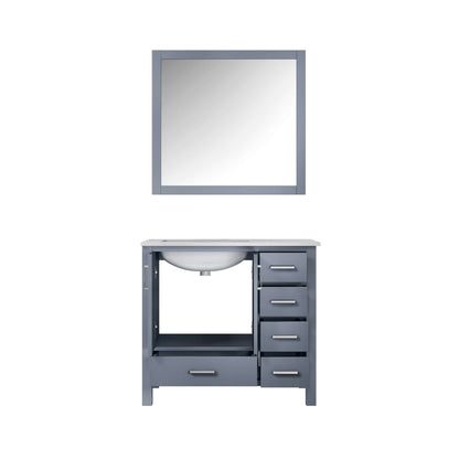 Jacques 36" Dark Grey Single Vanity, White Carrara Marble Top, White Square Sink and 34" Mirror - Left Version - LJ342236SBDSM34L