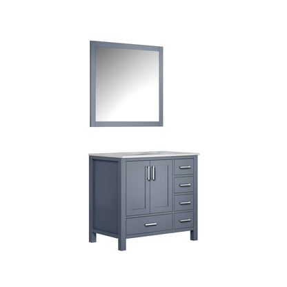 Jacques 36" Dark Grey Single Vanity, White Carrara Marble Top, White Square Sink and 34" Mirror - Left Version - LJ342236SBDSM34L