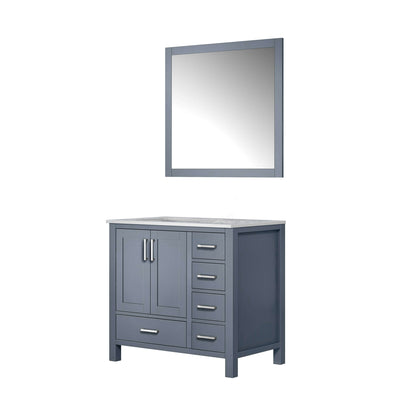 Jacques 36" Dark Grey Single Vanity, White Carrara Marble Top, White Square Sink and 34" Mirror - Left Version - LJ342236SBDSM34L