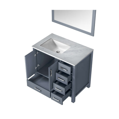 Jacques 36" Dark Grey Single Vanity, White Carrara Marble Top, White Square Sink and 34" Mirror - Left Version - LJ342236SBDSM34L