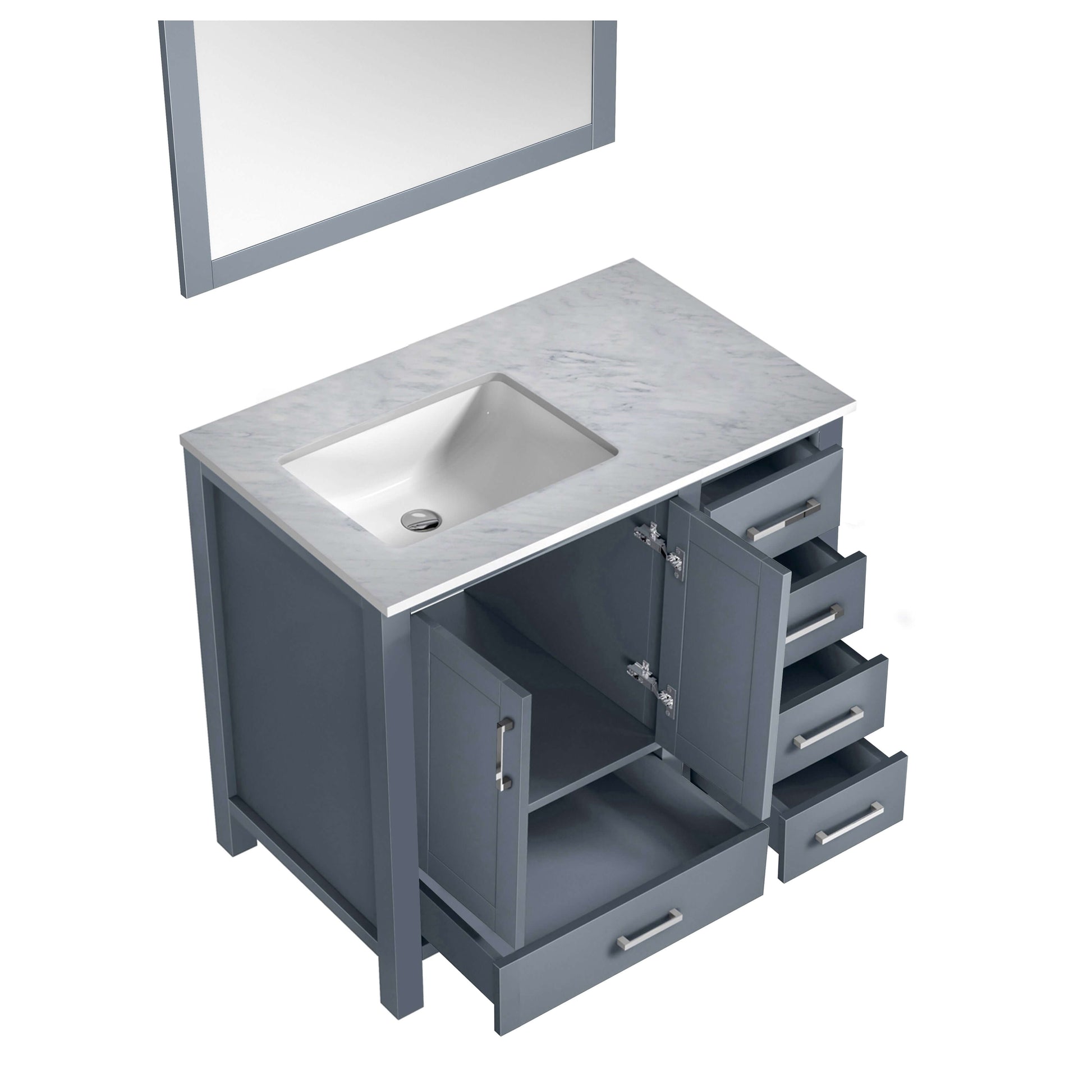 Jacques 36" Dark Grey Single Vanity, White Carrara Marble Top, White Square Sink and 34" Mirror - Left Version - LJ342236SBDSM34L