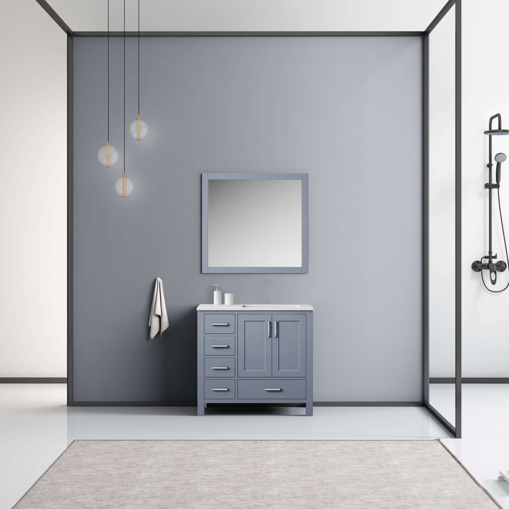 Jacques 36" Dark Grey Single Vanity, White Carrara Marble Top, White Square Sink and 34" Mirror - Right Version - LJ342236SBDSM34R