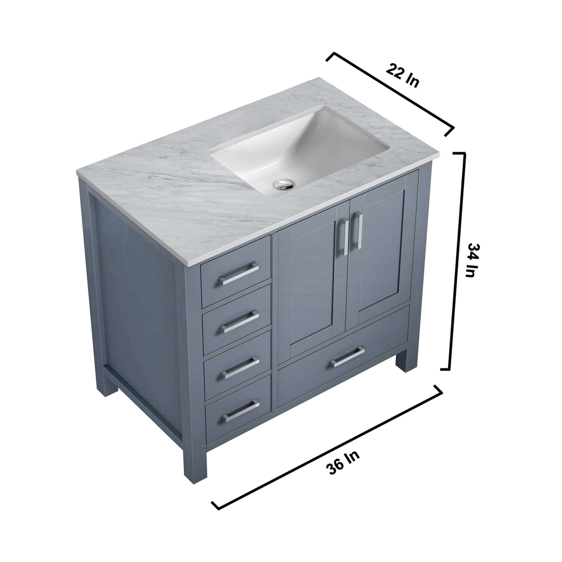 Jacques 36" Dark Grey Single Vanity, White Carrara Marble Top, White Square Sink and 34" Mirror - Right Version - LJ342236SBDSM34R