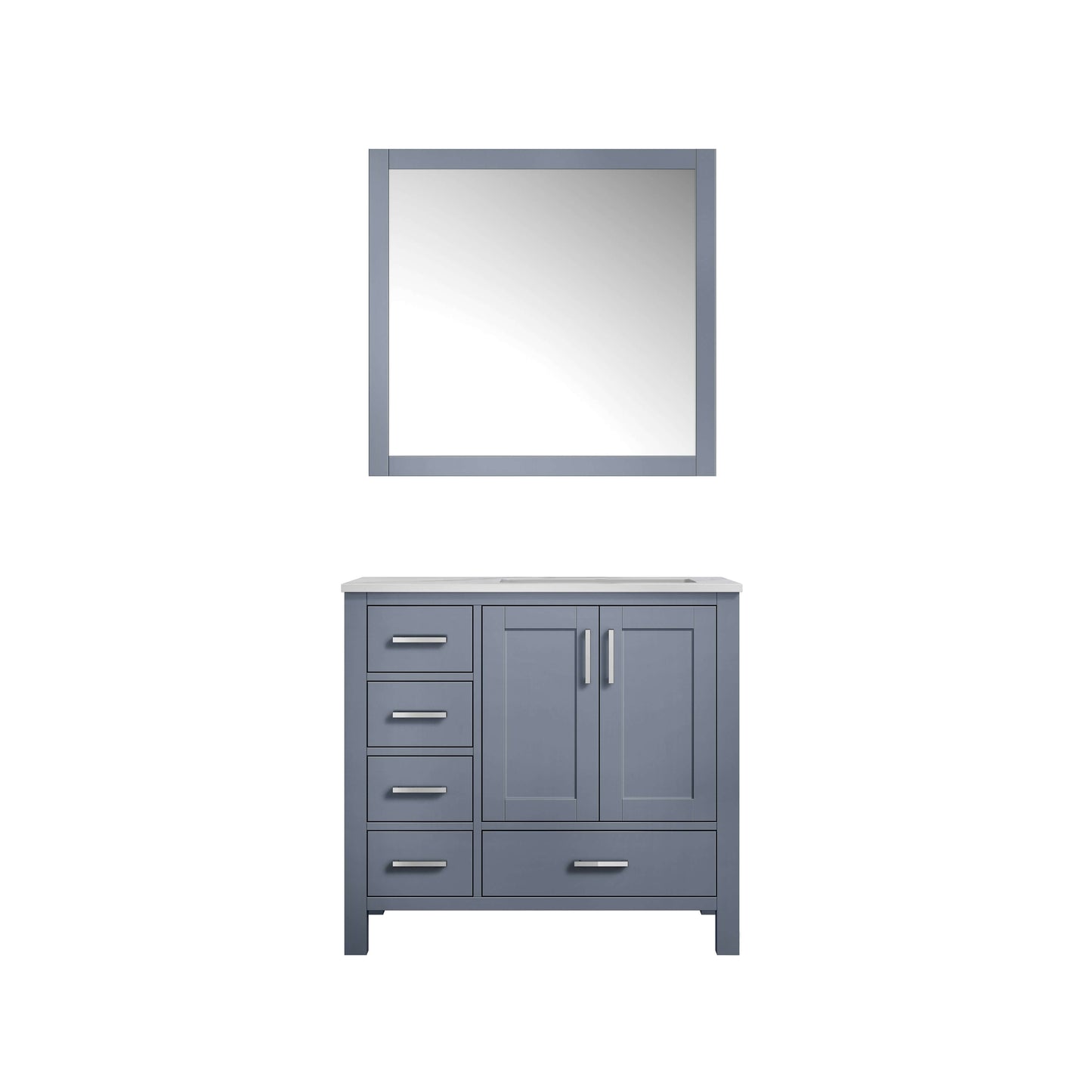 Jacques 36" Dark Grey Single Vanity, White Carrara Marble Top, White Square Sink and 34" Mirror - Right Version - LJ342236SBDSM34R