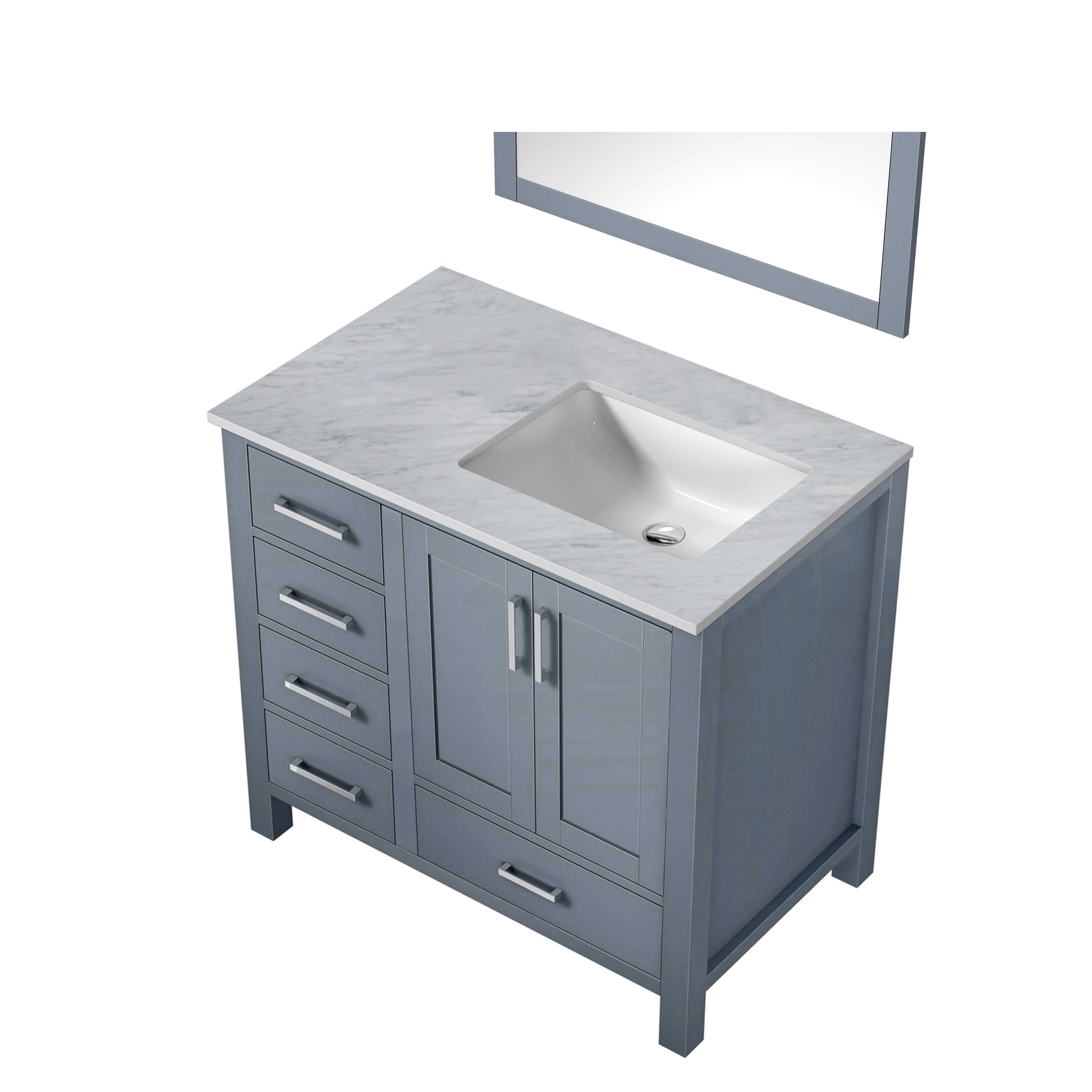 Jacques 36" Dark Grey Single Vanity, White Carrara Marble Top, White Square Sink and 34" Mirror - Right Version - LJ342236SBDSM34R