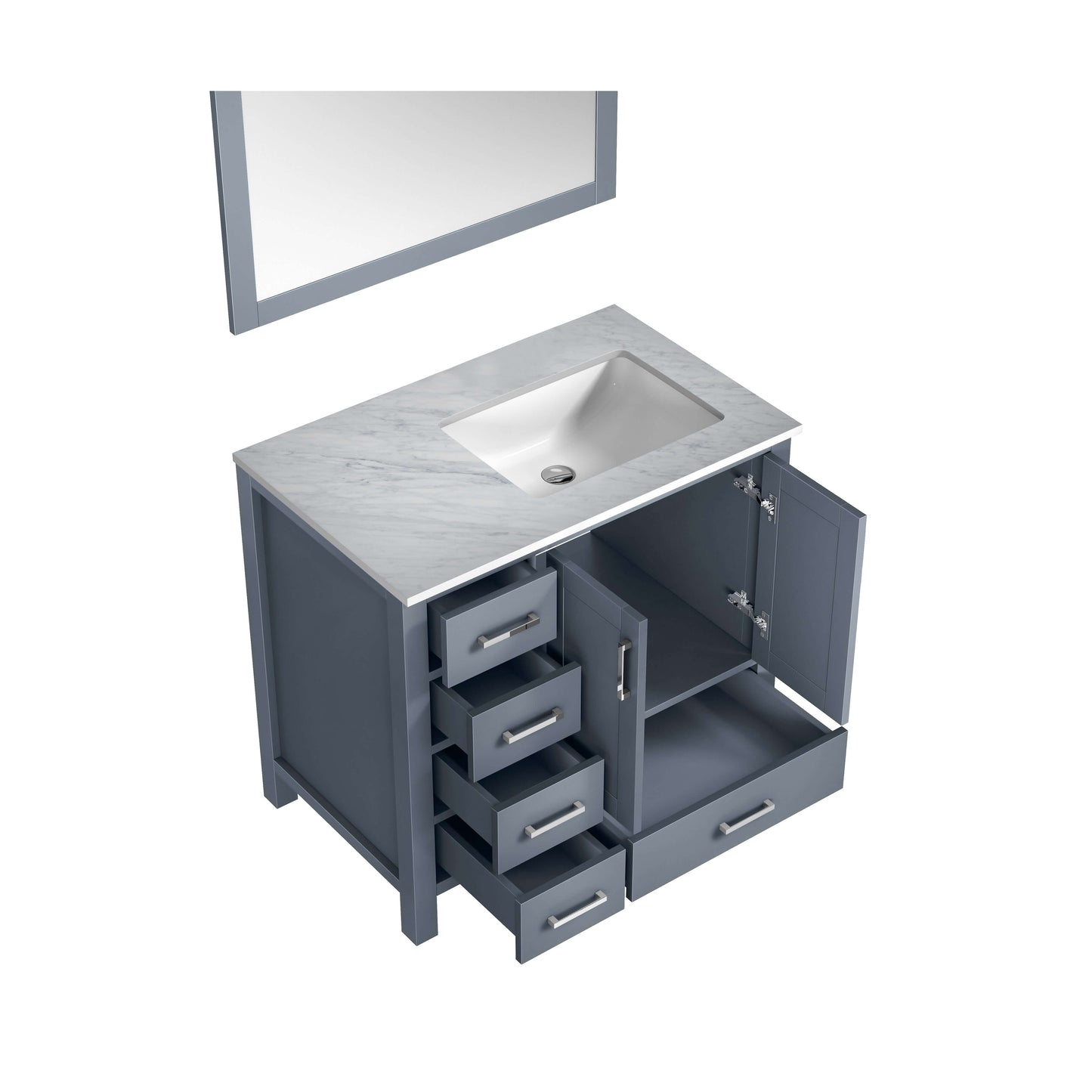 Jacques 36" Dark Grey Single Vanity, White Carrara Marble Top, White Square Sink and 34" Mirror - Right Version - LJ342236SBDSM34R