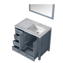 Load image into Gallery viewer, Jacques 36&quot; Dark Grey Single Vanity, White Carrara Marble Top, White Square Sink and 34&quot; Mirror - Right Version - LJ342236SBDSM34R