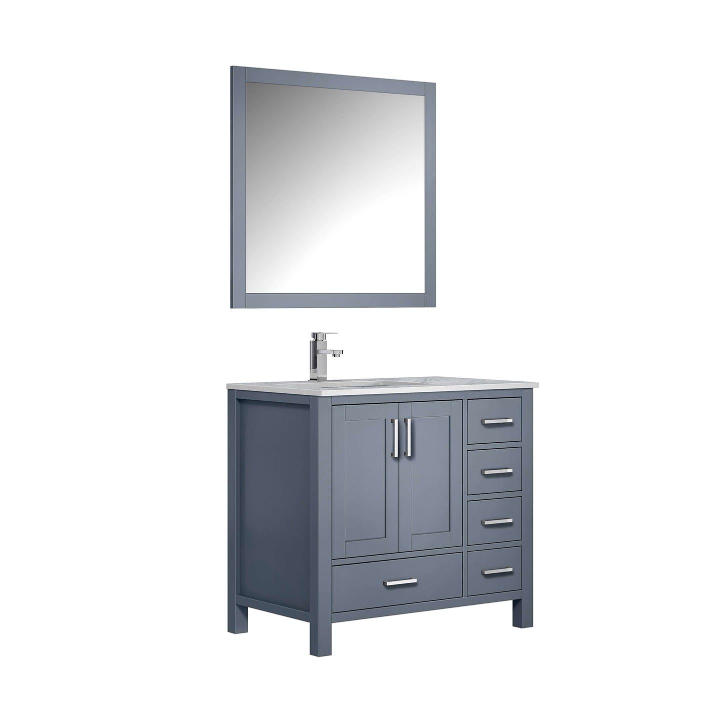 Jacques 36" Dark Grey Single Vanity, White Carrara Marble Top, White Square Sink and 34" Mirror w/ Faucet - Left Version - LJ342236SBDSM34FL