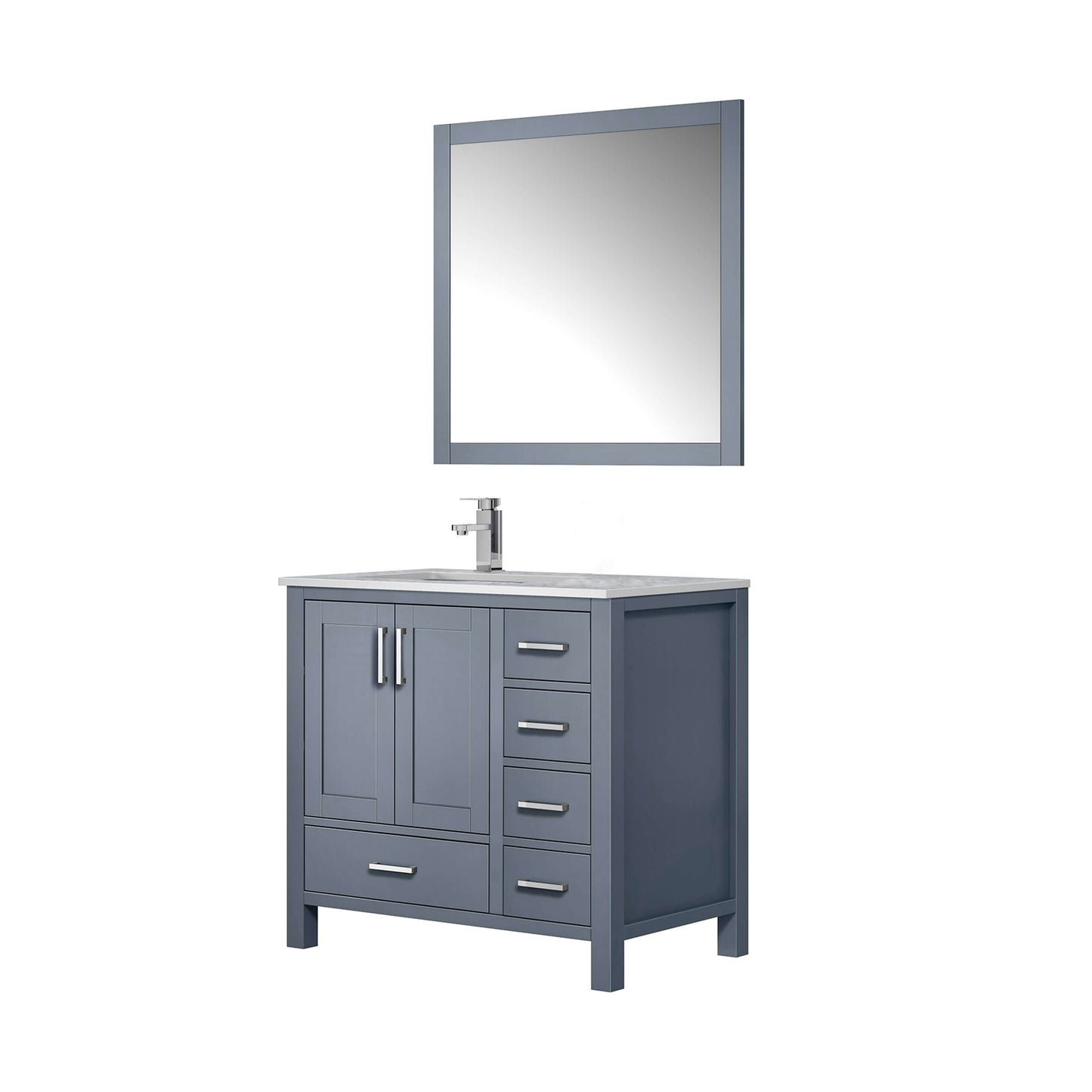 Jacques 36" Dark Grey Single Vanity, White Carrara Marble Top, White Square Sink and 34" Mirror w/ Faucet - Left Version - LJ342236SBDSM34FL