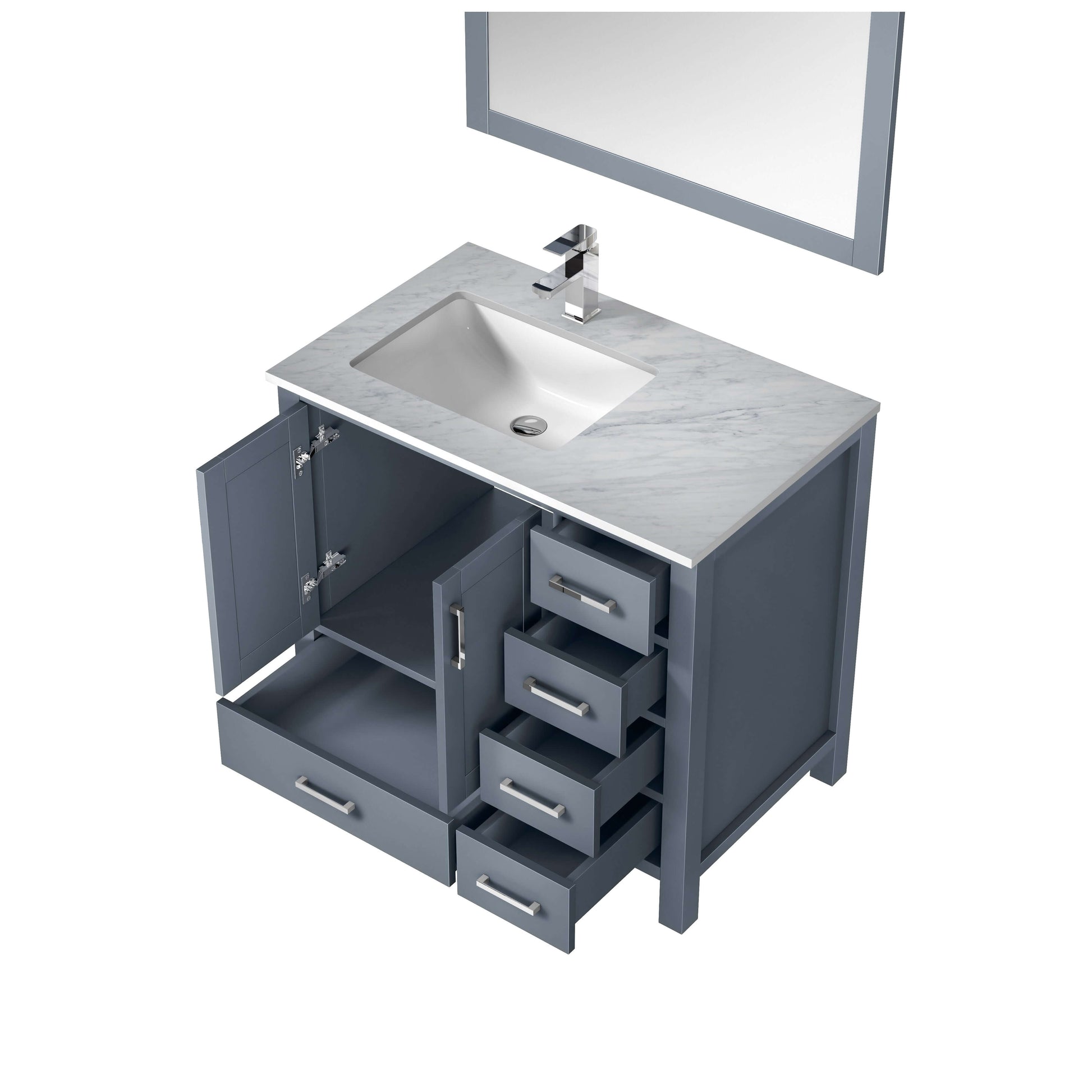 Jacques 36" Dark Grey Single Vanity, White Carrara Marble Top, White Square Sink and 34" Mirror w/ Faucet - Left Version - LJ342236SBDSM34FL