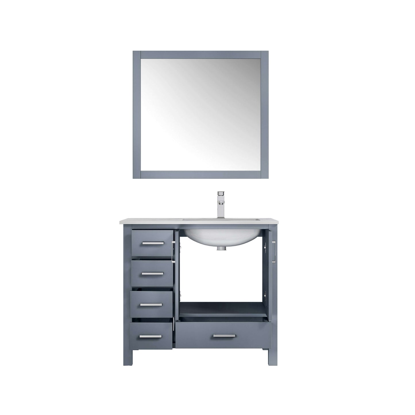 Jacques 36" Dark Grey Single Vanity, White Carrara Marble Top, White Square Sink and 34" Mirror w/ Faucet - Right Version - LJ342236SBDSM34FR