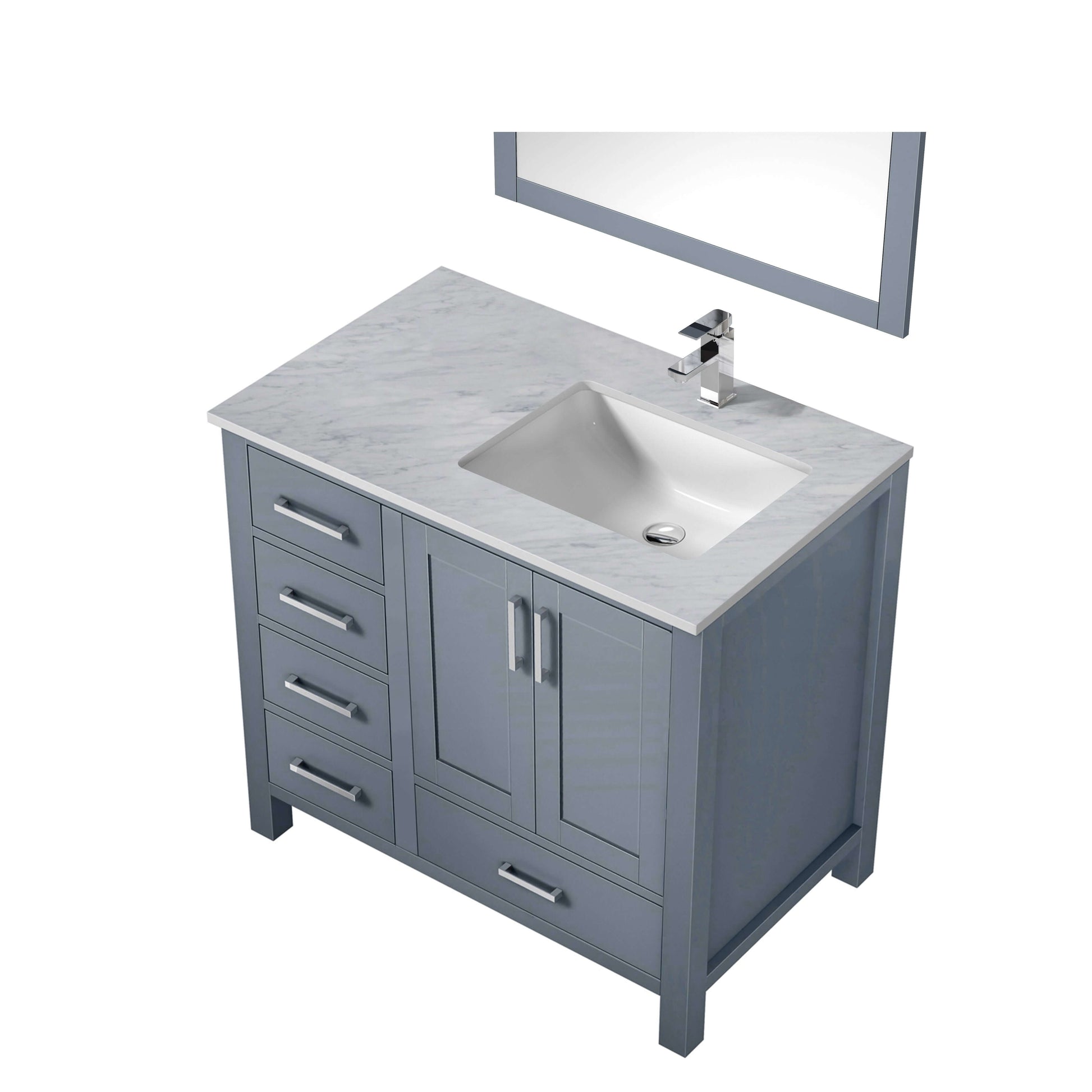 Jacques 36" Dark Grey Single Vanity, White Carrara Marble Top, White Square Sink and 34" Mirror w/ Faucet - Right Version - LJ342236SBDSM34FR