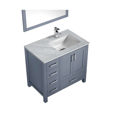 Jacques 36" Dark Grey Single Vanity, White Carrara Marble Top, White Square Sink and 34" Mirror w/ Faucet - Right Version - LJ342236SBDSM34FR