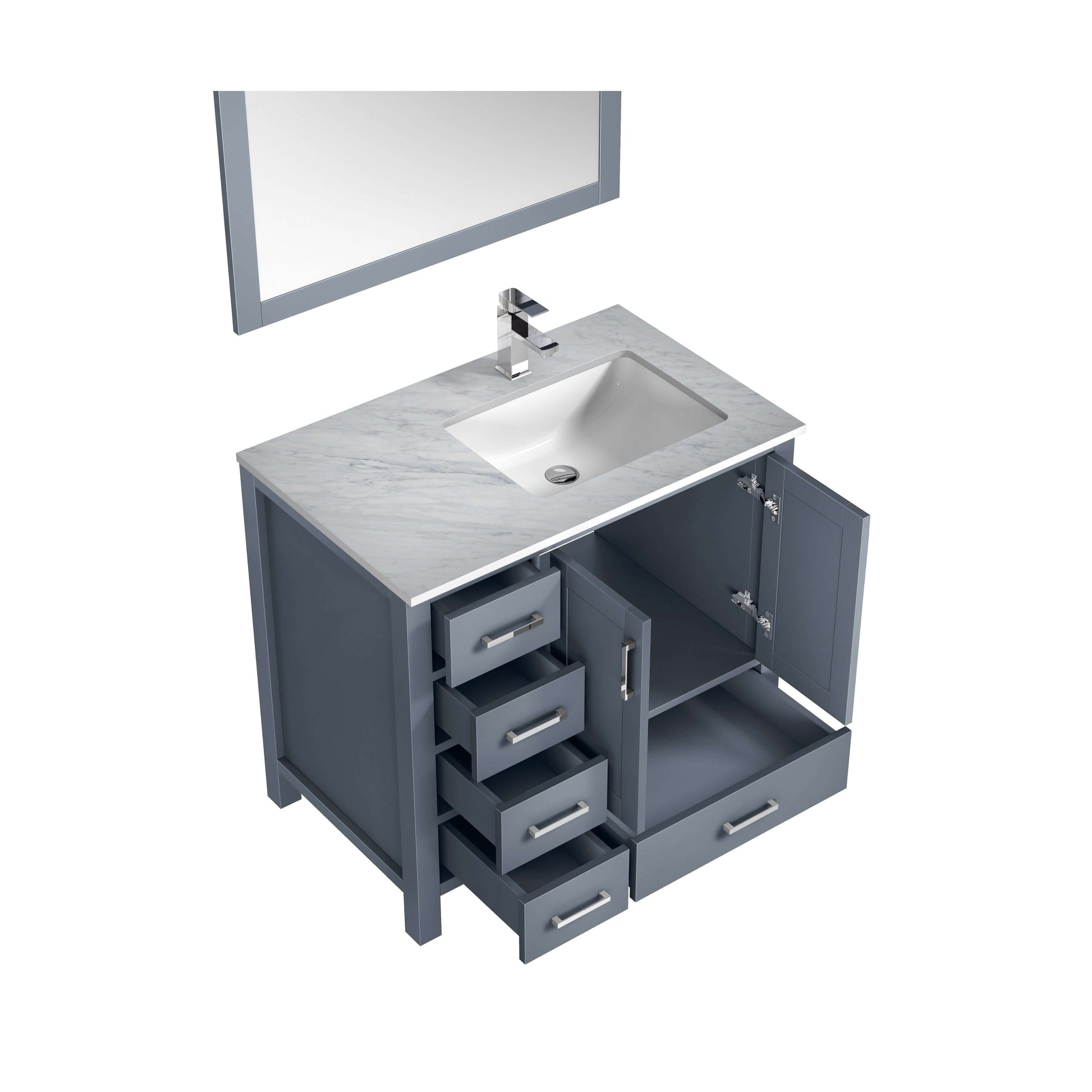 Jacques 36" Dark Grey Single Vanity, White Carrara Marble Top, White Square Sink and 34" Mirror w/ Faucet - Right Version - LJ342236SBDSM34FR