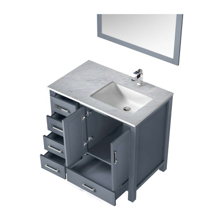 Jacques 36" Dark Grey Single Vanity, White Carrara Marble Top, White Square Sink and 34" Mirror w/ Faucet - Right Version - LJ342236SBDSM34FR