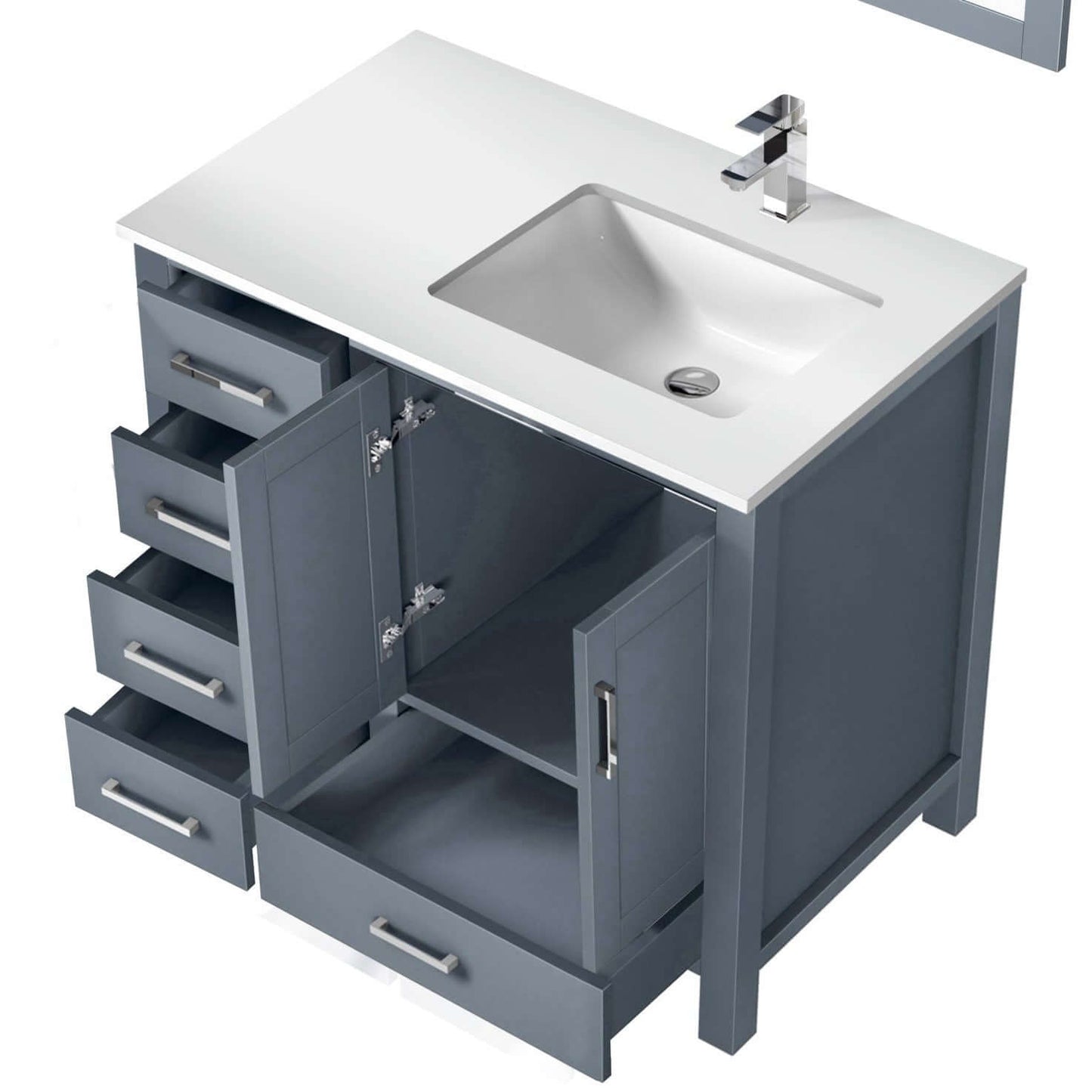 Jacques 36" Dark Grey Single Vanity, White Quartz Top, White Square Sink and no Mirror - Right Version - LJ342236SBWQ000R