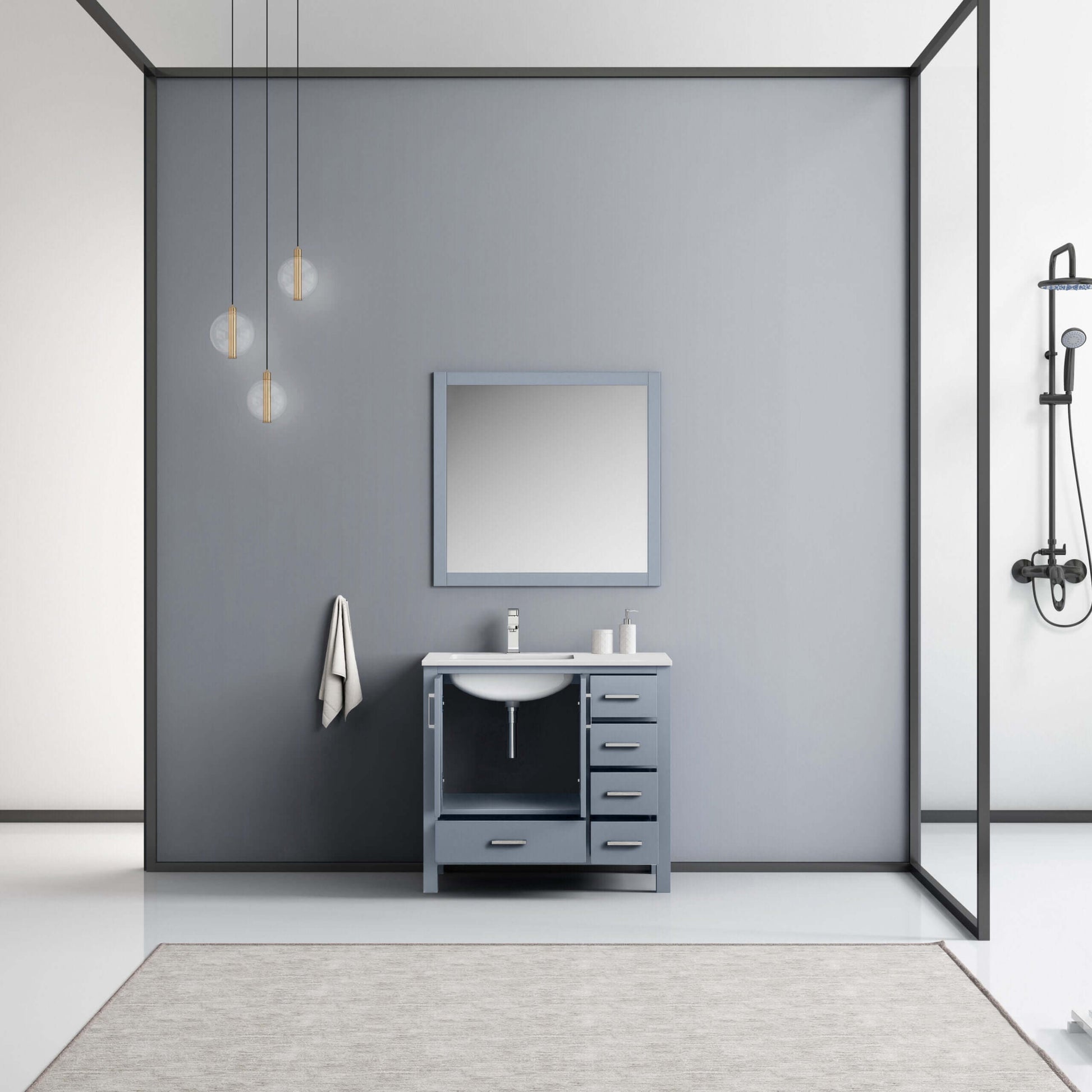 Jacques 36" Dark Grey Single Vanity, White Quartz Top, White Square Sink and 34" Mirror - Left Version - LJ342236SBWQM34L