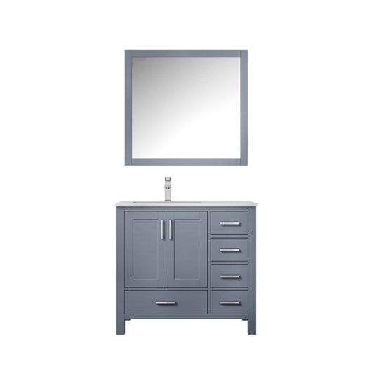 Jacques 36" Dark Grey Single Vanity, White Quartz Top, White Square Sink and 34" Mirror w/ Faucet - Left Version - LJ342236SBWQM34FL