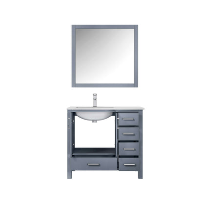 Jacques 36" Dark Grey Single Vanity, White Quartz Top, White Square Sink and 34" Mirror - Left Version - LJ342236SBWQM34L