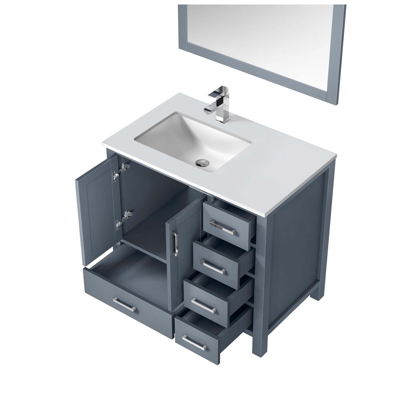 Jacques 36" Dark Grey Single Vanity, White Quartz Top, White Square Sink and 34" Mirror - Left Version - LJ342236SBWQM34L